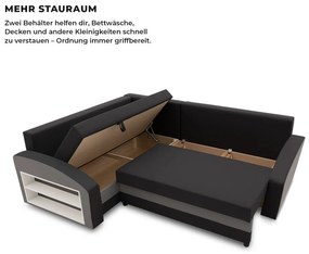 Grande sarokkanapé polcokkal , polc a bal karfaban, baloldali, szövet anyag, hab töltet, fekete - szürke