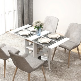 HOMCOM Összecsukható Asztal Kibővíthető Szárnyakkal Étkezőasztal Összecsukható Konyhai Asztal 2 Kerekekkel és Polcokkal Modern Stílus 120x60x75 cm Feh