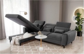 Sötétszürke bársony kinyitható-tárolóhelyes sarokkanapé (bal oldali-heverő résszel) Foble – ELTAP