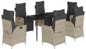 vidaXL 7 részes világosszürke polyrattan kerti étkezőszett párnával