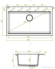 Laveo Tau, 1 kamrás gránit mosogató 800x500x215 mm, szürke, LAV-SBT_5108