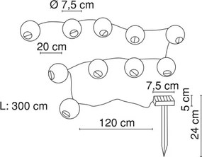 Globo 33971W Solar fényfüzér, 3 méter hosszú 10 db fehér gömbbel, IP44, akkumulátorral: AA 600mAh 1,2V, Ø75mm, tartozék: 10xLED 0,06W 3,2V, fehér fény