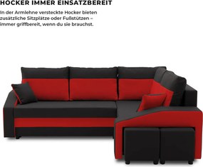 Grande sarokkanapé polcokkal és puffokkal , polc a bal karfaban puffok a jobb karfaban, jobboldali, szövet anyag, hab töltet, fekete - piros