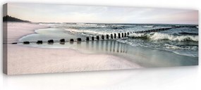 Vászonkép 145x45 Tenger tengerpart hullámok fa cölöpök nyugalom természet melankólia