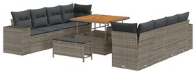 11 részes kertisofa garnitúra párnákkal szürke poli rattan akáccal, 3 részes kertiszék garnitúra párnákkal szürke poli rattan akáccal