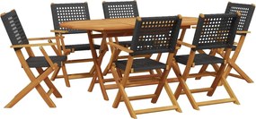 vidaXL 7 részes fekete polyrattan és tömör fa kerti étkezőgarnitúra
