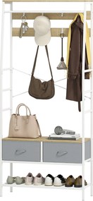 HOMCOM Kabátállvány Cipőtartó Előtér Kabátállvány Cipőtartó 8 Horog 2 Szövet Fiók Fém Rács Polc Ipari Stílusban Ruhák Akasztásához Előszobába, Hálószo