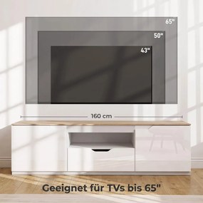 TV-szekrény, 160 x 38 x 43 cm akár 65"-os tévékhez, 3 rekesszel, fiókkal, natúr fa