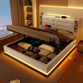 Kárpitozott ágy, 140*200 cm Dupla ágy Hidraulikus Usb+c típus Bézs