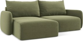 Zöld bársony kinyitható-tárolóhelyes sarokkanapé (bal oldali-heverő résszel) Kalena – Makamii