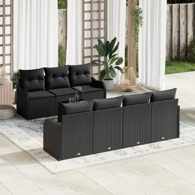 8 darabos kerti kanapészett párnákkal fekete poli rattan, 2 személyes kerti kanapé párnákkal fekete poli rattan