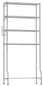 4 szintes tároló a WC felett, fém tároló állvány, állítható polcok, 4 kampó, ezüstszürke