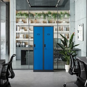 Pléh öltözőszekrény talpazaton, kétmodulos, polccal és köztes fallal KACPER, 800 x 1800 x 500 mm, antracit-kék