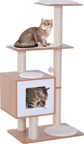 PawHut Fa Macskakaparó Fa 71,5x49,5x120 cm Macska Torony Üreges Platformokkal, Sisal Kaparókkal, Puha Párnákkal és Lógó Labdákkal - Natúr | Aosom