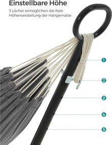 Függőágy, függőágy 5 különböző magasságba állítható, fém vázzal, szürke