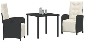 3 darabos kerti étkezősor párnákkal fekete poli rattan, kerti asztal fekete 80x80x73 cm edzett üveggel