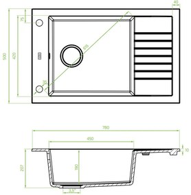 Laveo Pionier, 1 kamrás gránit mosogató 780x500x207, rövid vízelvezetővel, szürke, LAV-SBR_513T
