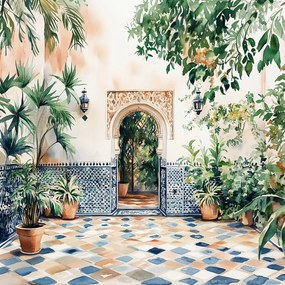 Vászonkép Canvas Udvar Terasz Mozaik Arab Ív Marokkó 80x80