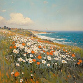 Vászonkép Canvas Tájkép Tenger Szikla Rét Virágok Pipacsok Margaréták 80x80