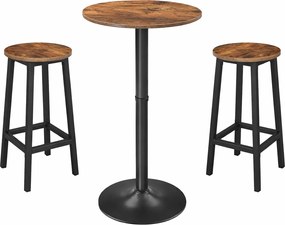 Rusztikus bárasztal szett: kerek bárasztal 2 db ipari stílusú kerek bárszékkel