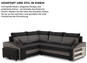 Grande sarokkanapé polcokkal és puffokkal , polc a jobb karfaban puffok a bal karfaban, baloldali, szövet anyag, bonell töltet, fekete - szürke