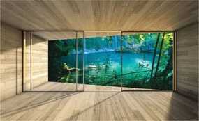 Fotótapéta Tó az erdőben és vízesés Kilátás az ablakból Zöld 368x254 +ragasztó