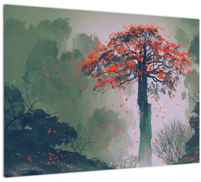 Egy magányos vörös fa képe (üvegen) (70x50 cm)