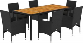 vidaXL 7részes fekete polyrattan/akácfa kerti étkezőgarnitúra párnákkal