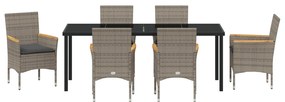 7 részes Kerti Étkezőszett Párnákkal Szürke Poly Rattan