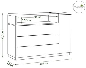 Mazzoni FOLK K-135 komód Antracitszürke (Sötétszürke)/Artisan Tölgy - MODERN NAPPALIBA/SZOBÁBA