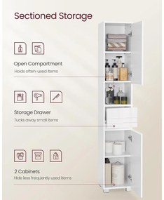 Keskeny fürdőszoba szekrény, fiókkal, állítható polcokkal, fehér, 30x30x170 cm