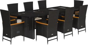 vidaXL 9 részes fekete polyrattan kerti étkezőgarnitúra párnákkal