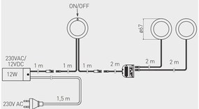 LED Lámpatest, CASTELLO 3-as szett, meleg fehér, 67mm, 12V, 180lm, 8,4W, kábellel, csatlakozóval, érintő kapcsolóval, tápegységgel