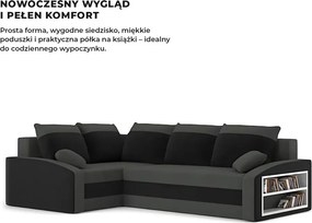 Grande sarokkanapé polcokkal , polc a jobb karfaban, baloldali, szövet anyag, bonell töltet, szürke - fekete