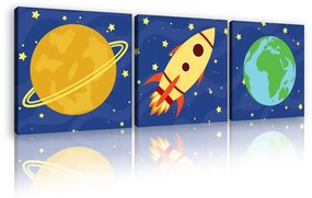 Vászonkép 3 darabos, Űrhajó és bolygók, 3 db 25x25 cm méret