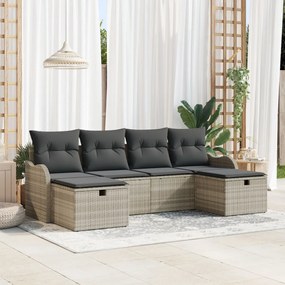 6 Darabos Kerti Sofa Készlet Párnákkal Világosszürke Poli Rattan, 2 Személyes Kerti Sofa Tárolóval &amp; Párnákkal Világosszürke Poli Rattan