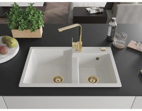 Mexen Tomas, gránit mosogató 800x500x190 mm, 2 kamrás és arany csaptelep Rita, fehér, 6516-20-670300-50