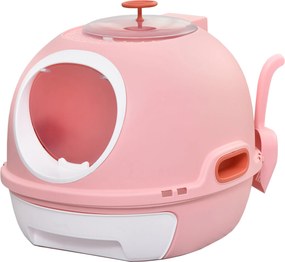 PawHut Macskaalom Doboz Hordozható WC Ház Macskáknak Csúszó Alomtálca Lengőajtó Ablakkal + Kanál Tartozék Méretek: 47L x 55W x 44H cm Rózsaszín | Aoso