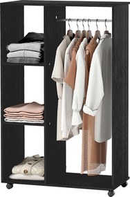 HOMCOM Görgős Ruhásszekrény, Nyitott Dizájnnal, Felső Rúd és Polcok Szervező a Hálószobában, 80x40x128 cm, Fekete | Aosom