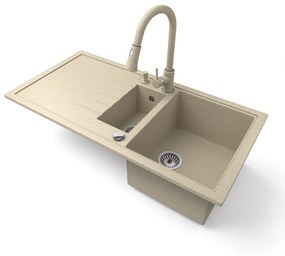Gránit mosogató - Nero Solarys + kihúzható zuhanyfejes Snake csaptelep + adagoló + dugókiemelő (bézs)
