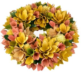 Húsvéti koszorú fából készült virágokkal, tojással, 30 cm, sárga