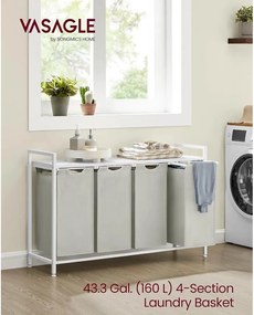 VASAGLE 4 rekeszes szennyeskosár 4 × 40 L, 116 × 33 × 72 cm, krémfehér és matt fehér
