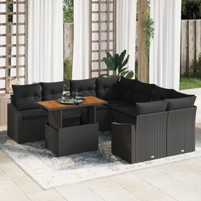 9 részes kertkanapé szett párnákkal, fekete poly rattan