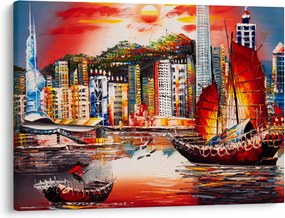 Kép - Victoria Harbour, Hong Kong, olajfestmény (70x50 cm)