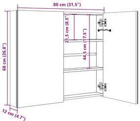 szürke LED-es tükrös fürdőszobaszekrény 80 x 12 x 68 cm