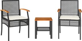 vidaXL 3 részes fekete polyrattan és akácfa bisztrószett párnákkal