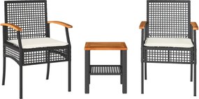 vidaXL 3 részes fekete polyrattan és akácfa bisztrószett párnákkal
