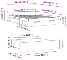 sonoma tölgy színű szerelt fa ágykeret fiókokkal 150 x 200 cm