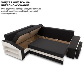 Grande sarokkanapé polcokkal és puffokkal , polc a bal karfaban puffok a jobb karfaban, baloldali, szövet anyag, hab töltet, fekete - fehér