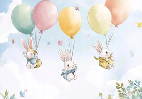 Fotótapéta a gyerekek szobájába Nyuszik a lufikon mesebeli égbolt